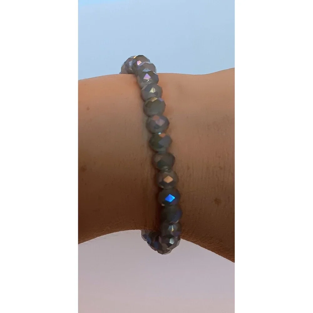 6 mm Blue Gray AB Faceted Rondelle Glass Stretch Bracelet 7 in